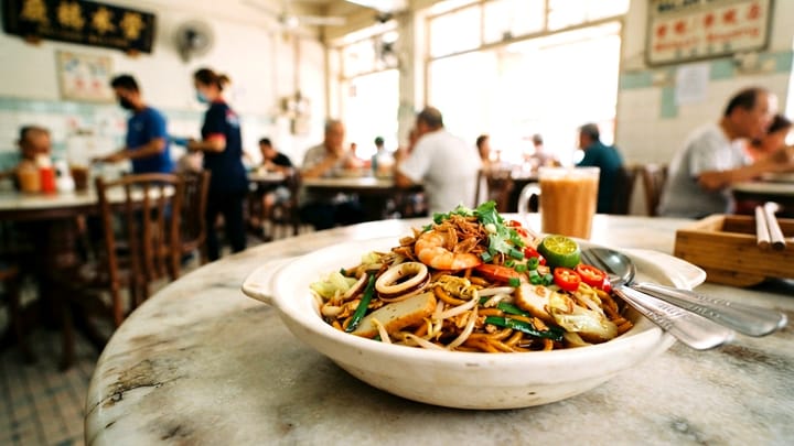 Malay-style seafood mee goreng: wok-fried yellow noodles with prawns, squid and fish cake, served in a white bowl